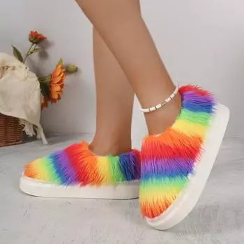 Женские ботинки 2024 года, новые зимние повседневные туфли на платформе, теплые домашние зимние ботинки, радужные хлопковые тапочки, женские милые плюшевые повседневные тапочки 36-37