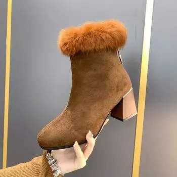 Женские ботинки 2024 года, новые зимние уличные теплые меховые ботинки, водонепроницаемые женские зимние ботинки, женские короткие ботинки с квадратным каблуком и круглым носком 35 чёрный