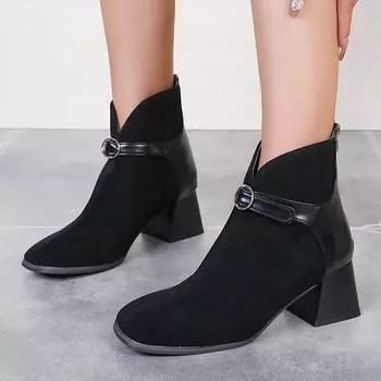 Женские ботинки 2024 года, однотонные, универсальные, на весну и осень, с толстым каблуком, круглым носком, темпераментные, с молнией сзади, короткие ботинки для женщин 35 чёрный