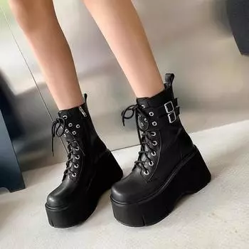 Женские ботинки 2024 года, осенние женские ботильоны на платформе, танкетке, на высоком каблуке, короткие ботинки, новый модный дизайн, молния, косплей, обувь для женщин 35 чёрный
