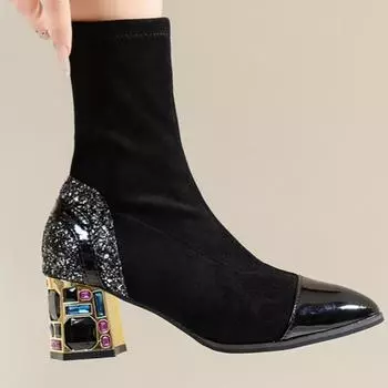 Женские ботинки 2025 Осень/зима Эластичная ткань Черные женские ботинки с острым носком Модные толстые каблуки Противоскользящие износостойкие короткие ботинки 35 чёрный