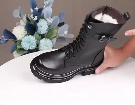 Женские ботинки большого размера из натуральной кожи, толстая шерсть, теплые зимние ботинки в стиле милитари, женские зимние ботинки в британском стиле 35 чёрный