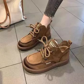 Женские ботинки, ботильоны в стиле ретро со шнуровкой, осенние новые женские туфли с круглым носком, универсальные, мягкая подошва, удобная повседневная обувь 35 жёлтый