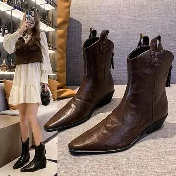 Женские ботинки Chelsea Pointy из толстой кожи, новые модные женские ботильоны на осень/зиму, ботинки на платформе в стиле ретро для женщин 35 чёрный