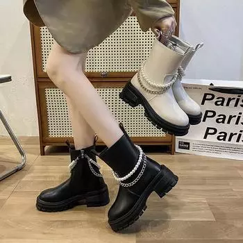 Женские ботинки челси до середины икры, ботильоны на платформе с круглым носком и подошвой, женские ботильоны на низком массивном каблуке с боковой молнией и жемчужной цепочкой 35 бежевый