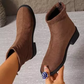 Женские ботинки челси из искусственной замши с застежкой-молнией, круглым носком, ботильоны на низком каблуке, женские короткие ботинки для ходьбы на толстом блочном каблуке, осень-зима 35 коричневый