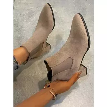 Женские ботинки «Челси» из искусственной замши в стиле ретро с острым носком и квадратным каблуком, короткие ботильоны, женские туфли для офиса, размер 35 хаки