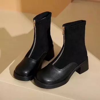 Женские ботинки челси, модные осенне-зимние ботинки, женские, с молнией спереди, британские женские, черные, короткие, на толстом каблуке, женская обувь 35 чёрный