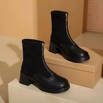 Женские ботинки челси, модные осенне-зимние ботинки, женские, с молнией спереди, британские женские, черные, короткие, на толстом каблуке, женская обувь 35 чёрный