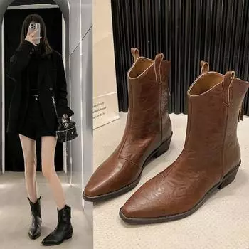 Женские ботинки челси на среднем каблуке с острым носком и молнией в готическом стиле 2024 года, зимние дизайнерские мотоциклетные ботинки, туфли-лодочки 35 чёрный