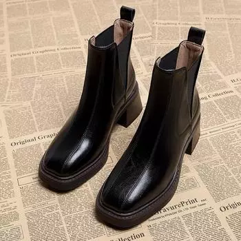 Женские ботинки челси на среднем каблуке с квадратным носком, классические зимние мотоциклетные ботинки, новый бренд 2024 года, прогулочная готическая обувь Zapatos Mujer 35 чёрный