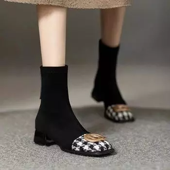 Женские ботинки челси на среднем каблуке, замшевые ботильоны на массивном каблуке, зима 2024, новые модные ботинки на молнии, туфли-лодочки, прогулочные теплые носки в стиле панк 35 бежевый