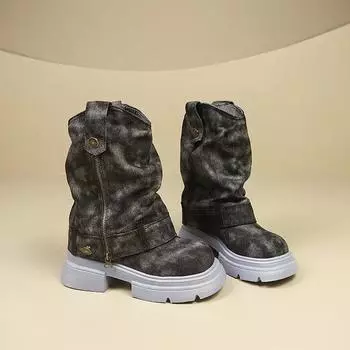 Женские ботинки челси на толстой джинсовой подошве, дизайнерская обувь до середины голени, зимняя мода 2024 года, хит продаж, универсальные женские ботинки нового стиля 35 синий