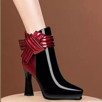 Женские ботинки челси на высоком каблуке до щиколотки, модная обувь для вечеринок, зимние новые туфли с бантом, туфли-лодочки с острым носком Mujer Zapatos 34
