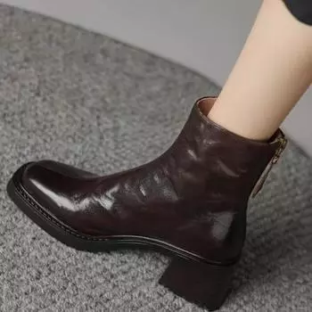 Женские ботинки челси, новые женские ботинки с круглым носком и толстым каблуком, кожаные ботинки на высоком каблуке с молнией сзади, Zapatos Mujer D475 35