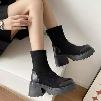 Женские ботинки «Челси», осенние носки 2024, модные женские ботильоны с круглым носком, зимние черные ботинки, удобные эластичные ботинки 42 чёрный