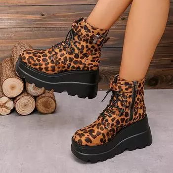 Женские ботинки челси с леопардовым принтом, туфли на танкетке и платформе, зимняя дизайнерская обувь 2024 года, модные женские туфли для ходьбы 35