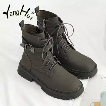 Женские ботинки челси со шнуровкой, пряжкой на ремне и боковой молнией, дизайн в британском стиле 2024 года, новые нескользящие туфли до щиколотки 35 серый