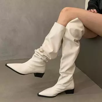 Женские ботинки челси выше колена с острым носком и средним каблуком, дизайнерские зимние классические мотоциклетные ботинки 2024 года в готическом стиле для женщин 35 покинуть белый