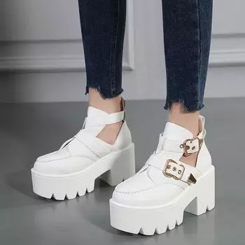 Женские ботинки для косплея в готическом стиле, черные и белые армейские ботинки с пряжкой на щиколотке и платформой, осенняя обувь, резиновая обувь