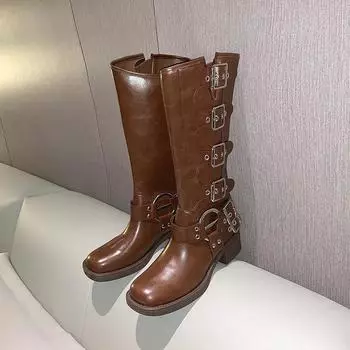 Женские ботинки до колена на платформе с шипами, весенне-летние рыцарские армейские готические элегантные женские туфли на среднем каблуке, мотоциклетная обувь 35 чёрный