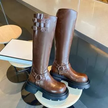 Женские ботинки до колена на платформе с шипами, весенне-зимние рыцарские армейские готические элегантные женские туфли на среднем каблуке, мотоциклетная обувь 35 чёрный