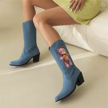 Женские ботинки до середины икры, джинсовые ботинки в стиле вестерн с квадратным носком на высоком толстом каблуке, женская модная обувь, осенне-зимняя черная, темно-синяя 46