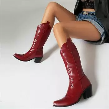 Женские ботинки до середины икры из искусственной кожи, ботинки в стиле вестерн на массивном высоком каблуке с квадратным носком, женская модная обувь, осень-зима, коричневый, красный 34 чёрный