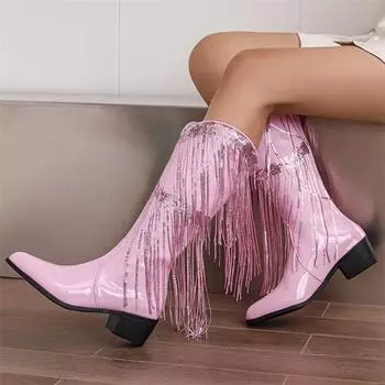 Женские ботинки до середины икры из лакированной кожи, ботинки в стиле вестерн на массивном среднем каблуке с круглым носком и кисточками, женская модная обувь, осень-зима 34 золотой