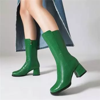 Женские ботинки до середины икры, круглый носок, массивный высокий каблук, молния, лаконичный дизайн, женская модная обувь, зимняя черная, белая, зеленая 43 34 чёрный