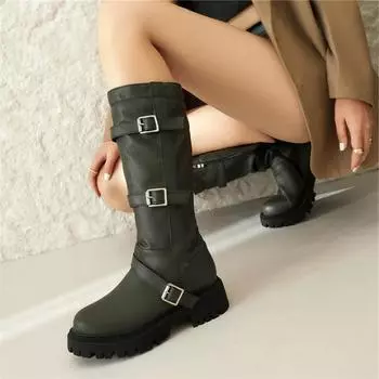 Женские ботинки до середины икры, круглый носок на платформе, толстый средний каблук, пряжка и молния, женская модная обувь, зимняя обувь, черный, белый, зеленый 44 35 чёрный