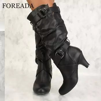Женские ботинки до середины икры, круглый носок, толстый средний каблук, плиссированная женская модная повседневная обувь в стиле панк, осень-зима, черный, белый цвет 43 34 чёрный