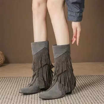 Женские ботинки до середины икры, лаконичная женская модная обувь на толстом высоком каблуке с квадратным носком и кисточками, осенне-зимняя обувь черного, коричневого, серого цвета, 45 35 чёрный