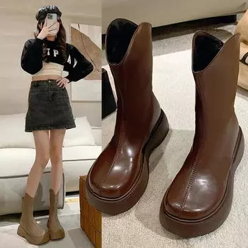 Женские ботинки до середины икры на платформе, уличные ботинки из искусственной кожи без шнуровки, повседневные ботинки, модные женские высокие модные ботинки на массивном каблуке с отделкой 35 коричневый