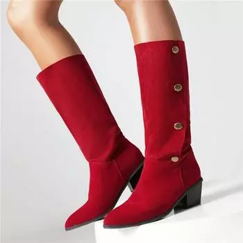 Женские ботинки до середины икры, с круглым носком, на толстом высоком каблуке с металлическими украшениями, лаконичная женская модная обувь, зимняя черная, хаки, красная 43