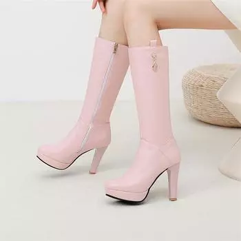 Женские ботинки до середины икры с круглым носком на платформе, на толстом высоком каблуке с молнией и металлическими украшениями, женская модная обувь, осень-зима 43 33 чёрный