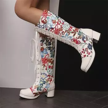 Женские ботинки до середины икры, женская модная обувь на платформе и платформе с круглым носком, на среднем каблуке, на шнуровке с вышивкой, осенне-зимняя белая 43