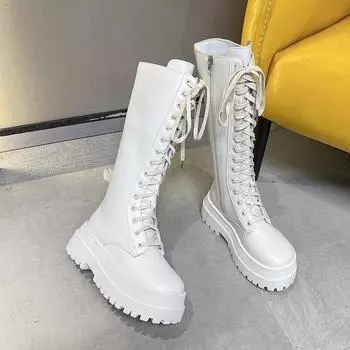 Женские ботинки из искусственной кожи на высоком каблуке и платформе, женские мотоциклетные ботинки на танкетке, туфли на плоской подошве, женские туфли, черные ботинки для девочек D22 35