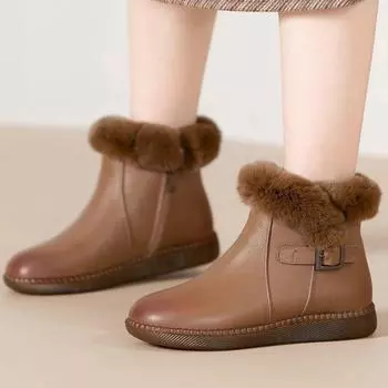 Женские ботинки из кожи, плюша, теплые, модные, водонепроницаемые, удобные, нескользящие, с мягкой подошвой, с плоским дном, короткие ботинки 35 чёрный