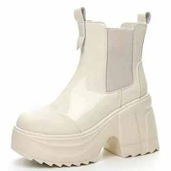 Женские ботинки из лакированной микрофибры 10 см с толстой подошвой, весенние и осенние мотоциклетные ботинки, британские женские ботильоны 34 бежевый