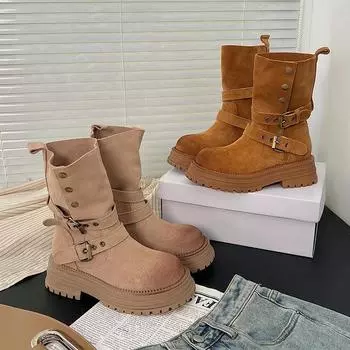 Женские ботинки из матовой кожи на толстой подошве, новые осенние ботинки с воротником в стиле ретро в британском стиле, нескользящие короткие ботинки с пряжкой на ремне, желтые ботинки 35