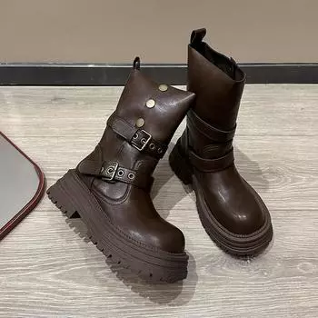 Женские ботинки из матовой кожи на толстой подошве, новые осенние ботинки с воротником в стиле ретро в британском стиле, нескользящие короткие ботинки с пряжкой на ремне, желтые ботинки 35