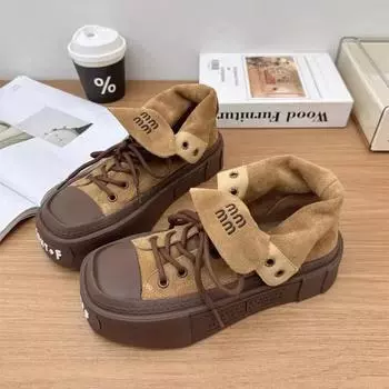 Женские ботинки из матовой кожи с отворотом, высокие повседневные туфли с буквенным принтом, толстая подошва, ретро-шнурки, увеличивающие рост, обувь для скейтбординга 35 бежевый