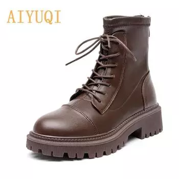 Женские ботинки из натуральной кожи, эластичные модные женские мотоциклетные ботинки в британском стиле на меховой платформе, подходящие для весны, осени и зимы, женские ботильоны