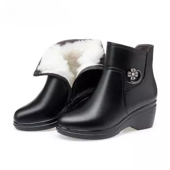 Женские ботинки из натуральной кожи, большие размеры, ботинки на танкетке для мамы, ботинки на платформе, ботильоны из толстой шерсти 35