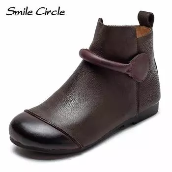 Женские ботинки из натуральной кожи, ботильоны с круглым носком и боковой молнией, модные удобные туфли на плоской подошве 35