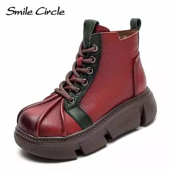 Женские ботинки из натуральной кожи, ботильоны на платформе с боковой молнией, винтажные массивные ботинки с цветными блоками 37 красный