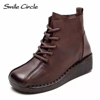 Женские ботинки из натуральной кожи, ботильоны на платформе с боковой молнией, повседневные модные ботинки на толстой подошве 35 коричневый