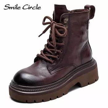 Женские ботинки из натуральной кожи, ботильоны на платформе с круглым носком, модные массивные ботинки в стиле ретро 35 красный