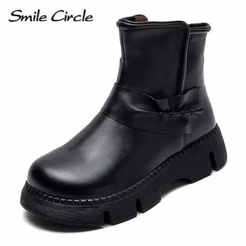 Женские ботинки из натуральной кожи, ботильоны с круглым носком и боковой молнией, модные ретро-сапоги на толстой подошве 35 чёрный